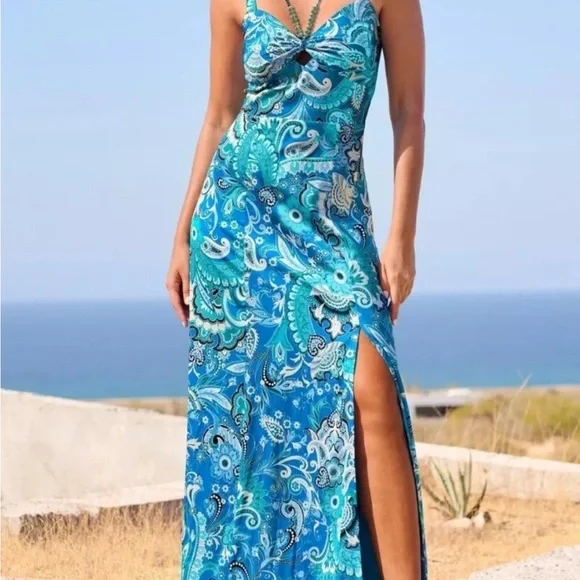 Boston Proper Stamped Floral Blues Print Necklace Detail  Maxi Dress, Size 10 - Picture 4 of 11